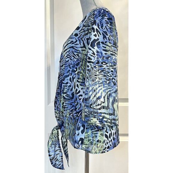 Roz & Ali Animal Print Blouse Top Front Knot Button Up Blue Size L New - Picture 4 of 12